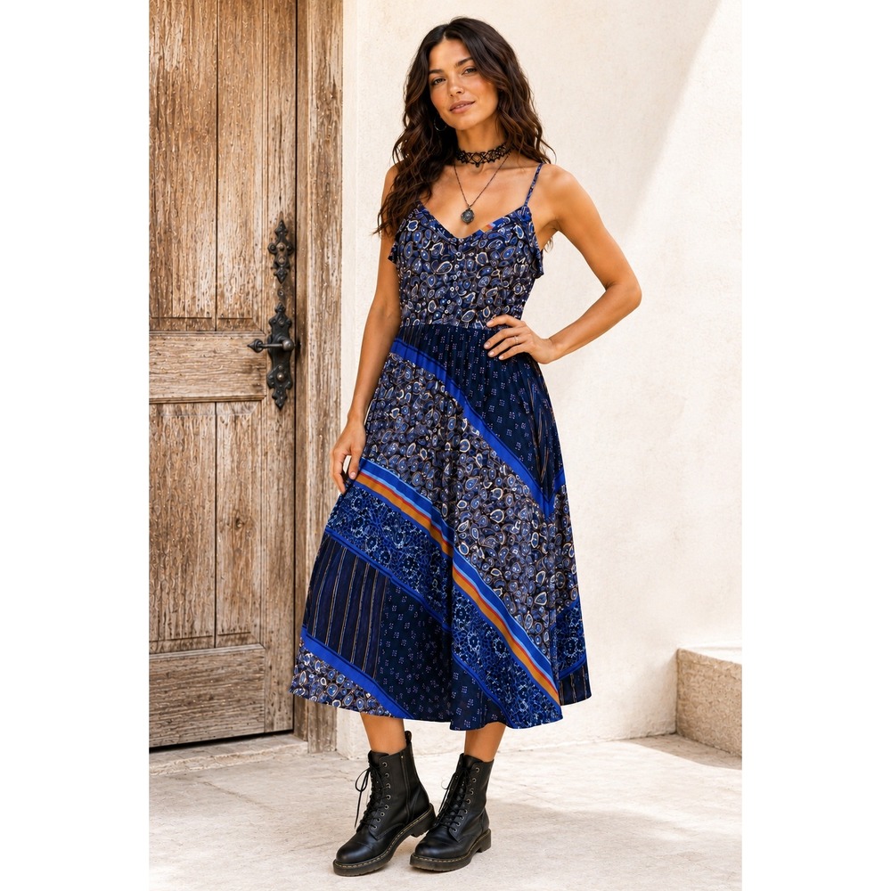 Aerie Boho‎ Paisley Bandana Patchwork Midi Dress Size M Blue Peasant Whimsigoth